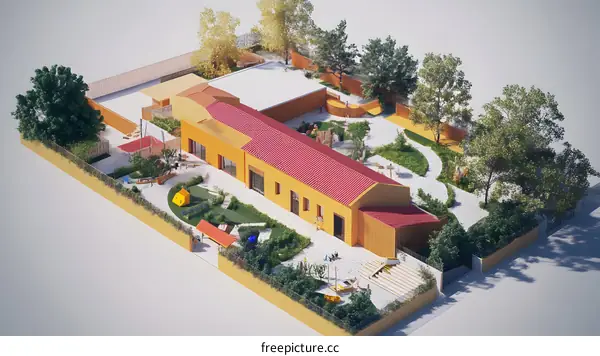 Aerial View of a Colorful Building with Red Roof and a Play Area