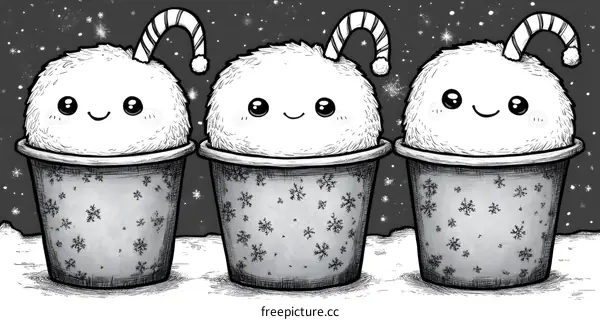 Three Cute Snowballs With Candy Cane Hats