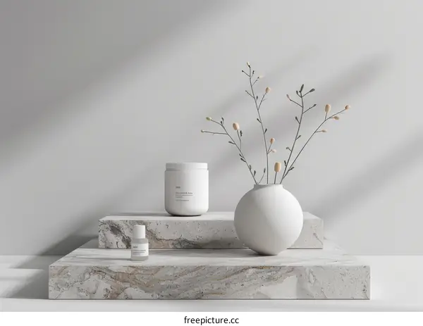 Natural skincare products displayed on marble podiums against a white background
