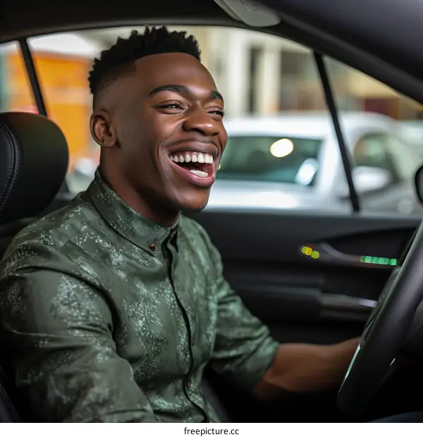 Black man smiling while driving a car