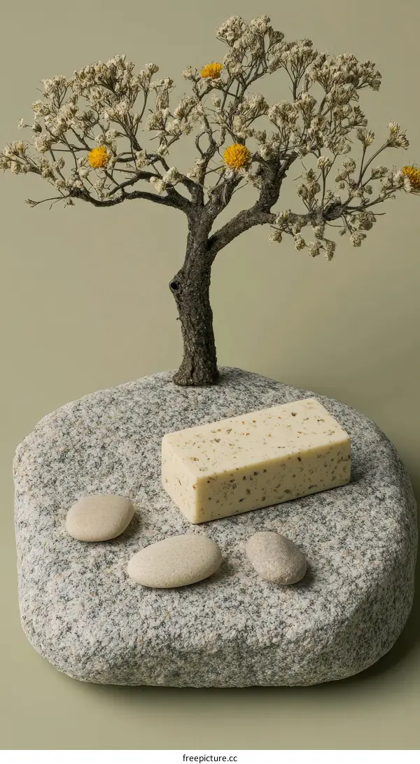 Natural Spa Soap on a Stone Platter with Bonsai Tree