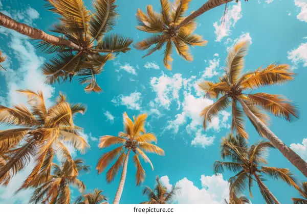 Looking up at the coconut trees