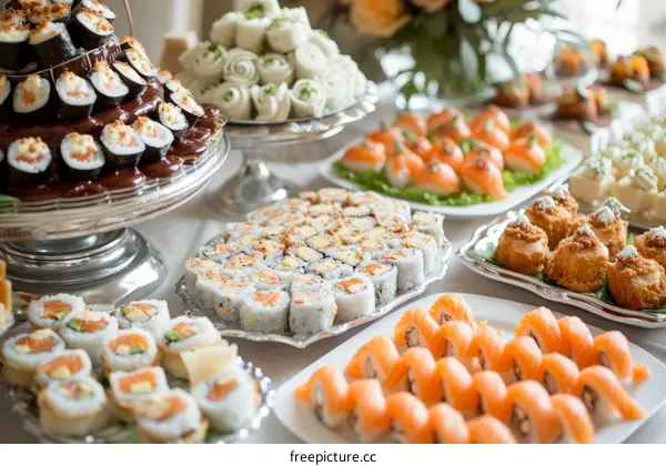 A variety of sushi and other appetizers are beautifully displayed on silver platters and white dishes.