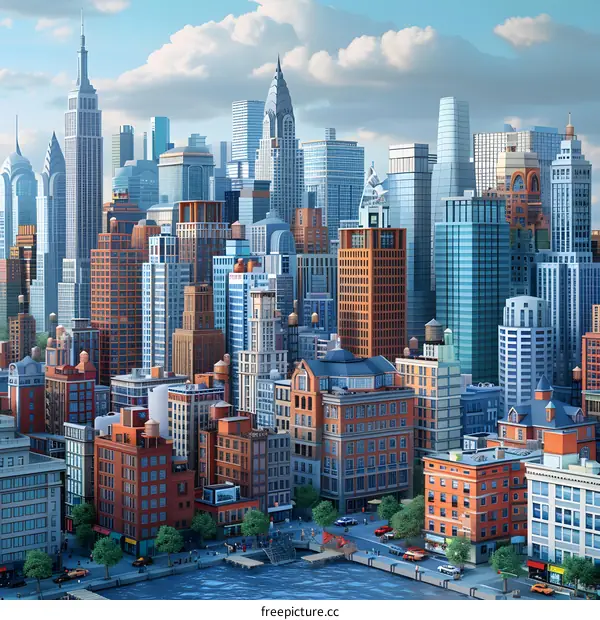 A cityscape with many tall buildings and a river in the foreground