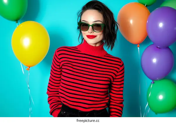 Stylish Woman with Colorful Balloons in Trendy Outfit