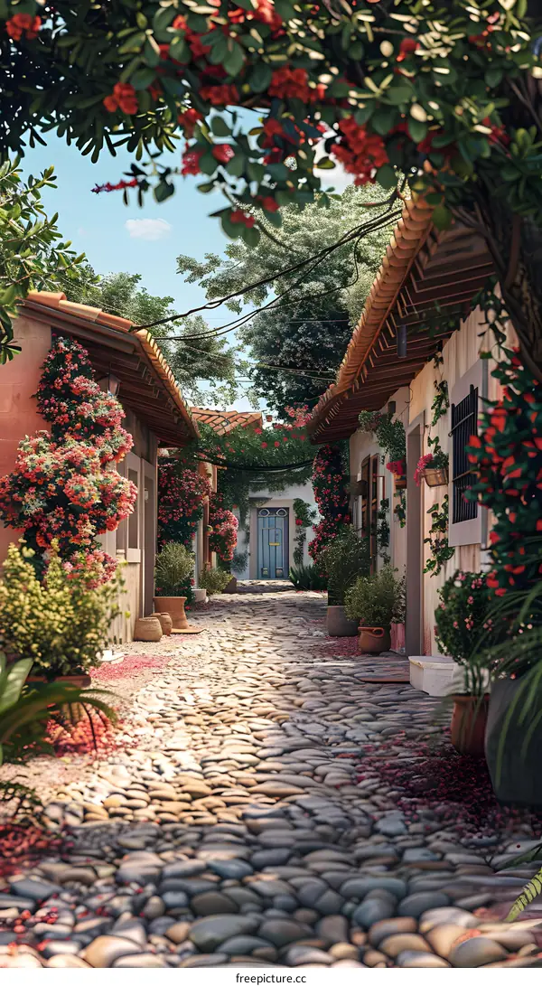 Charming narrow street with colorful flowers and blue door