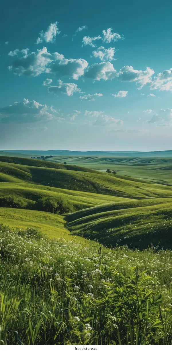Green rolling hills under blue sky with white clouds