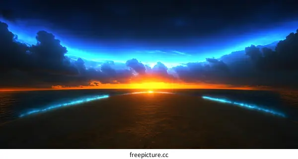 Blue Light Sunset Over the Ocean