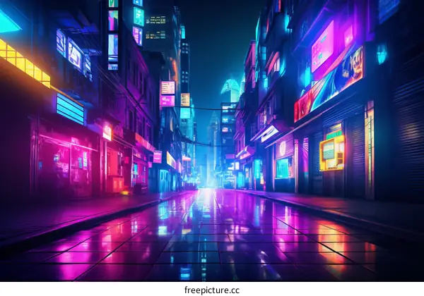 A cyberpunk illustration of a city street with neon lights and skyscrapers