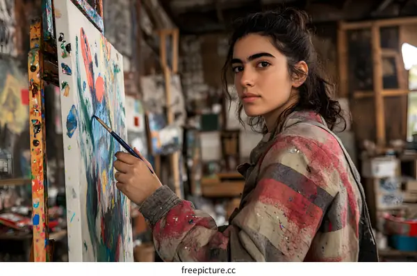 Young Female Artist Painting in Her Studio