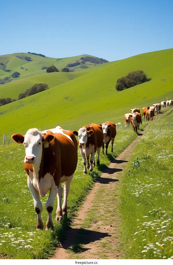 Herd of Cows Grazing on a Lush Green Hill