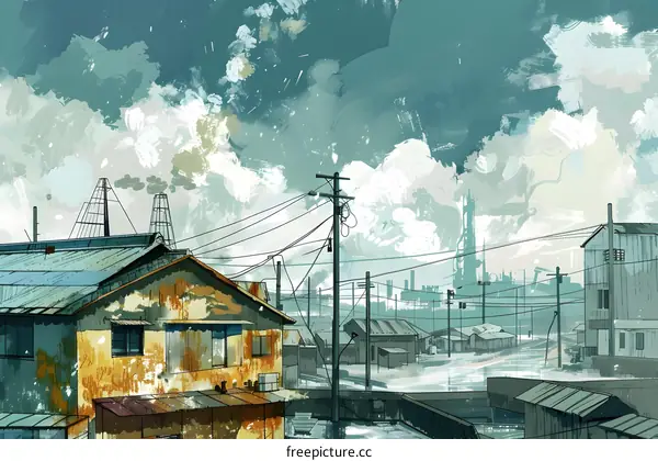 Cityscape with Buildings and Clouds