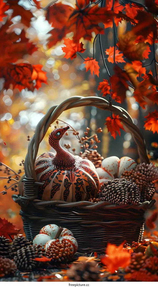 A basket full of pumpkins and other fall produce