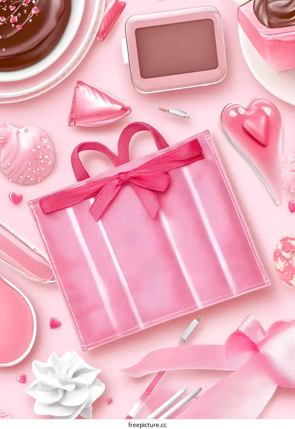 Pink Gift Bag With Pink Treats And Decorations