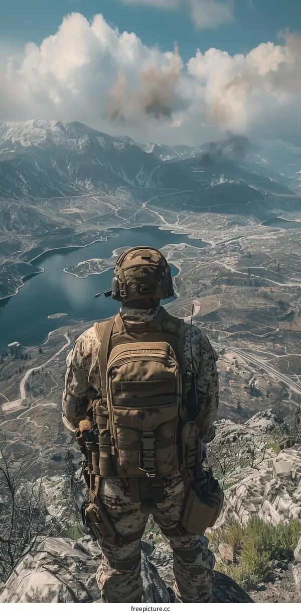 Soldier looking over a mountain range