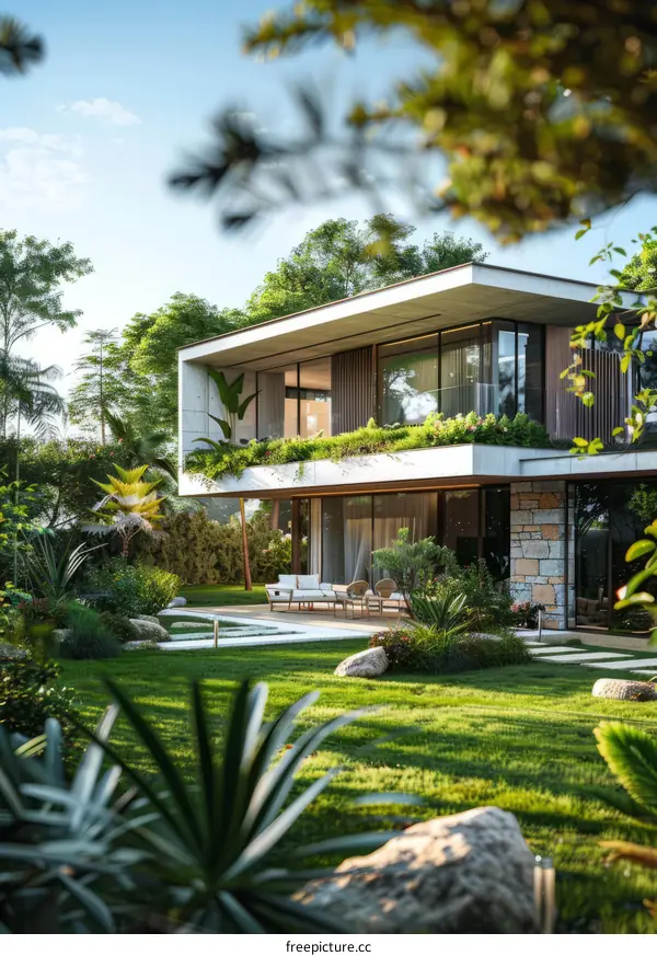 Modern luxury house with green garden and swimming pool