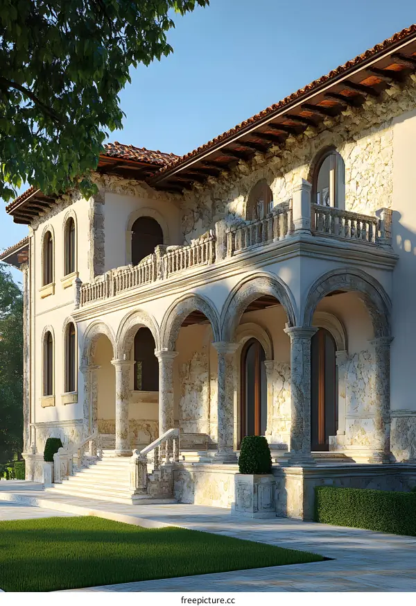 Classic Stone Mansion Entrance with Arched Columns