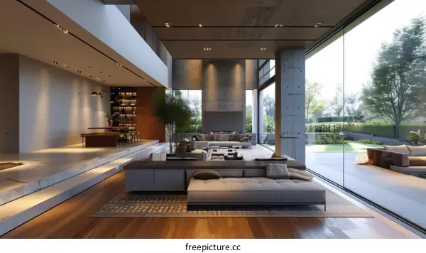 Living Room in Modern Minimalist House with Plants by Windows