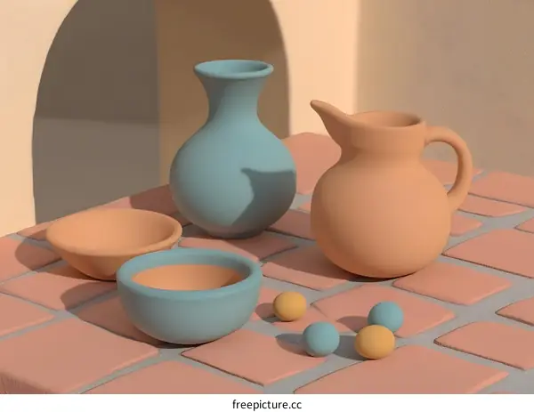 3D Rendered Still Life with Pottery and Spheres