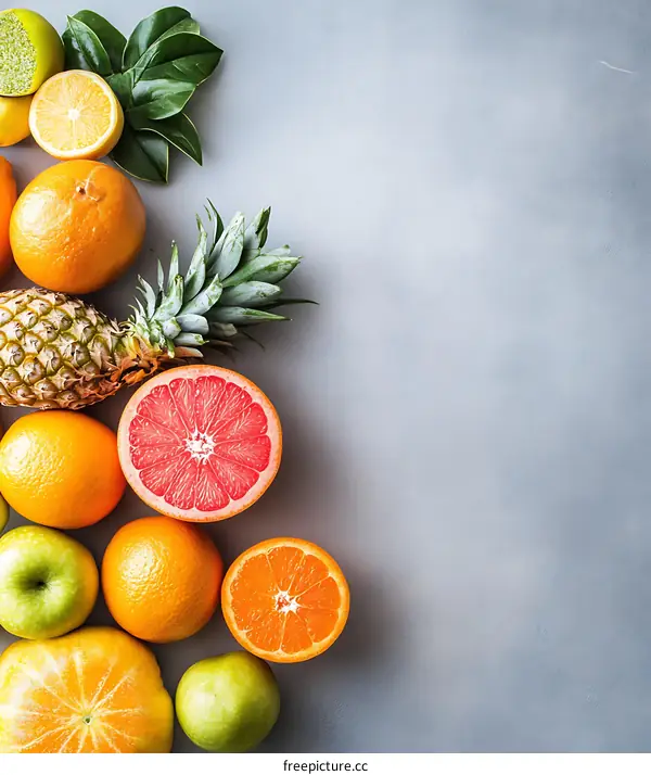 Assortment of Fresh Fruits on Gray Background