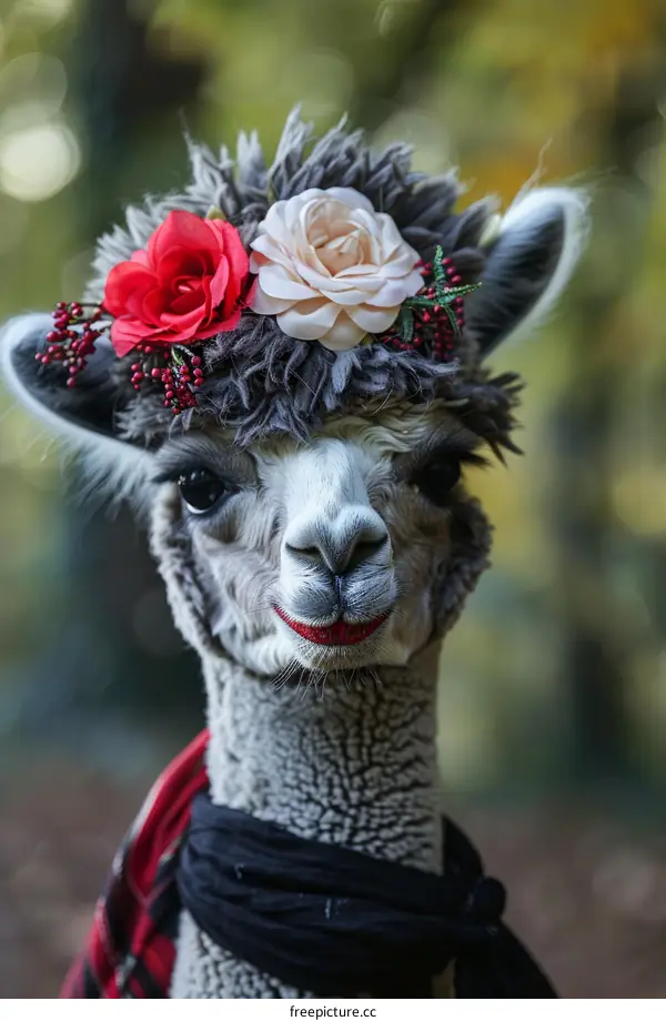 A fluffy llama with red lipstick and a flower crown