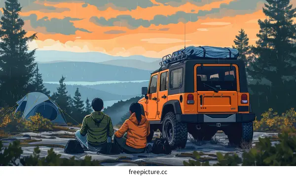 Couple Enjoying the View of Mountain Landscape from Campsite