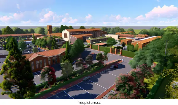 Architectural Design of a Beautiful Building Complex With Lush Green Landscape