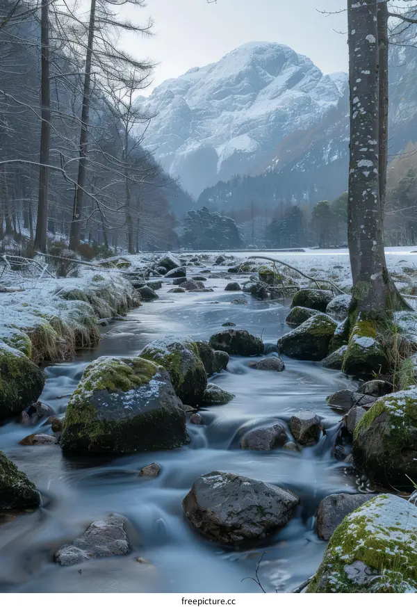 Snowy valley with a large river winding through and mountains in the distance