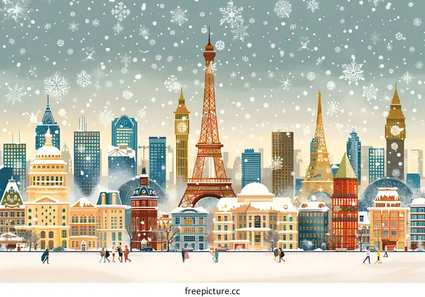 Snowy Winter Cityscape with Eiffel Tower and Big Ben