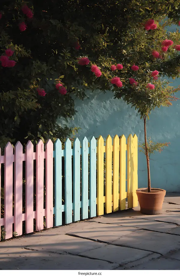 Colorful Wooden Fence with Flowers and Trees