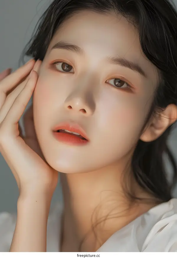 Closeup Portrait of a Young Asian Woman with Soft Makeup and Hair