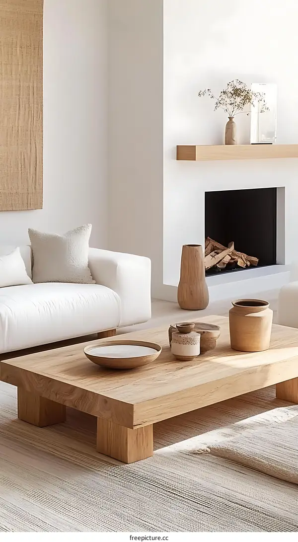 Modern Minimalist Wooden Coffee Table in a Light Living Room