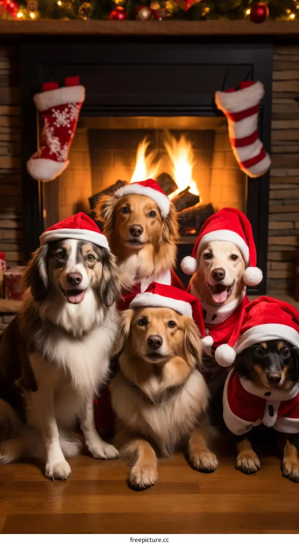 Five dogs wearing Santa hats pose in front of a fireplace