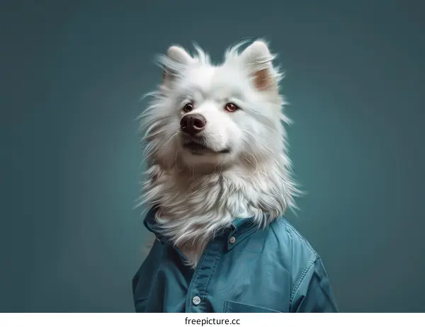 A white dog wearing a blue shirt