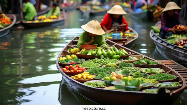 A floating market in Thailand with boats full of fresh fruits and vegetables.