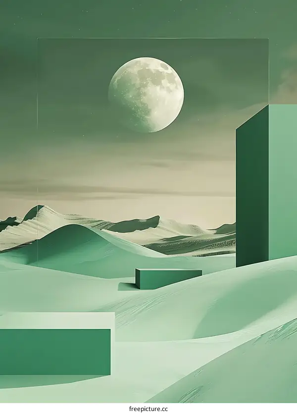 Green Minimalist Desert Landscape With Moon