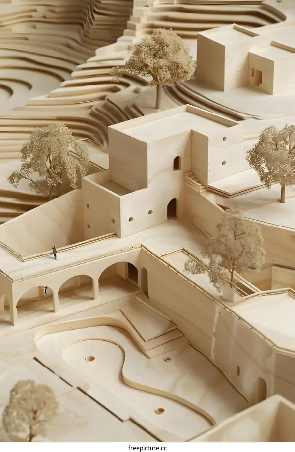 Wooden Model of an Architectural Design with Trees and a Pond