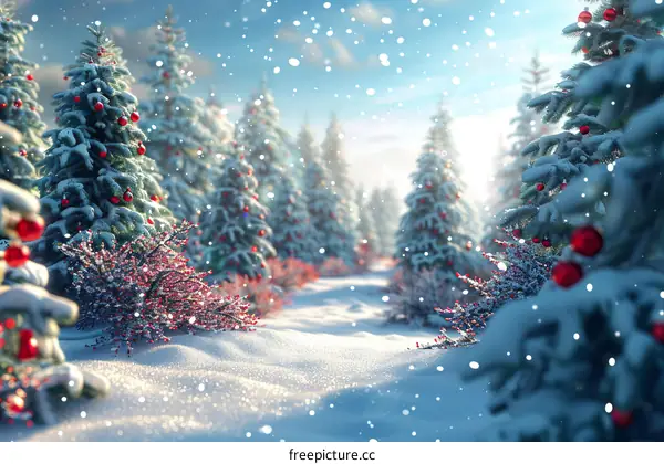 Snowy Forest with Decorated Christmas Trees