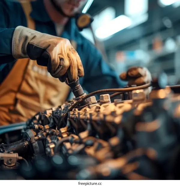 A mechanic wearing protective gloves works on a car engine.