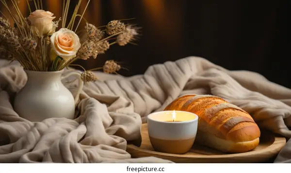 Candle and bread on a wooden tray with flowers in the background