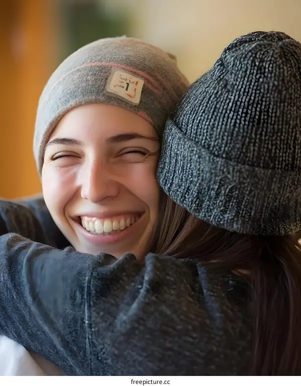 Two Friends Hugging And Smiling With Hats On