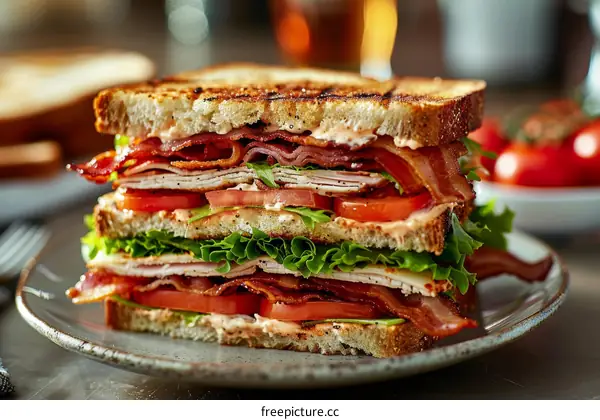 Crispy Toasted Club Sandwich with Bacon, Lettuce and Tomato