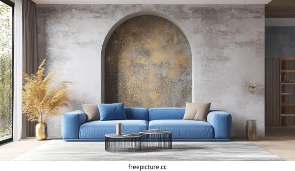 Modern Living Room Interior Design with Blue Sofa