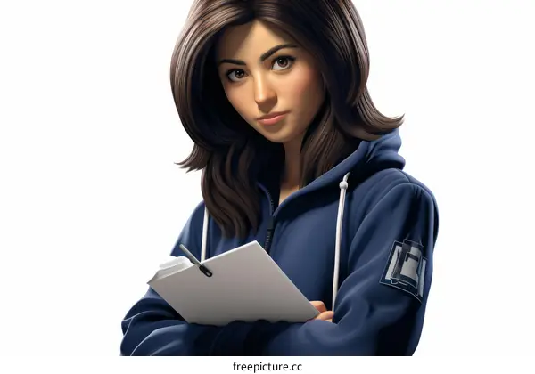 Illustration of a hoodie-clad woman holding a notepad