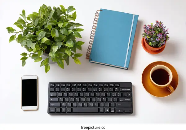 Modern Workspace Setup with Plants and Coffee