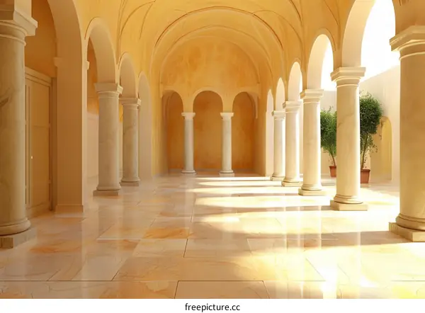 Mediterranean Courtyard with Roman Columns and Marble Floor