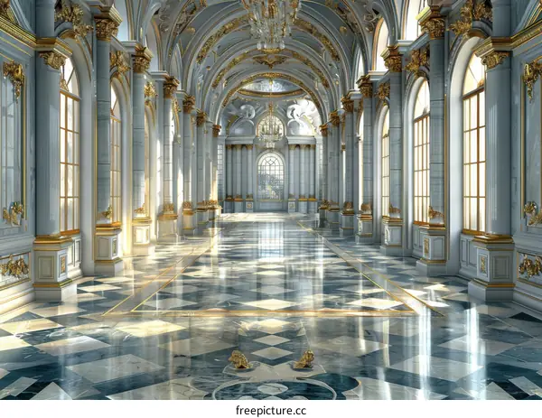 Grand Hallway with Marble Floor and Gilded Columns