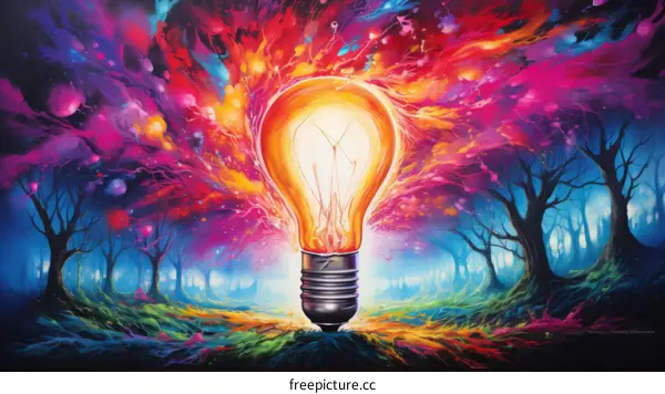 Surreal Colorful Forest with a Light Bulb