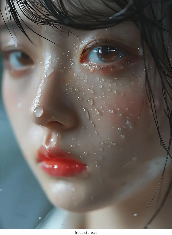 Close Up of Female Face with Raindrops