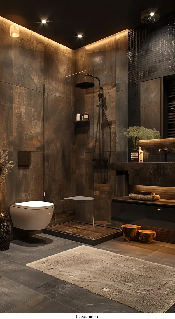 Luxury bathroom interior with dark marble tiles and wooden elements